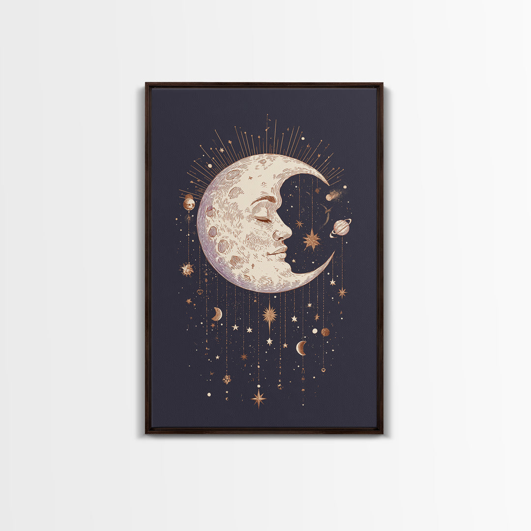 Moon with Sleeping Face and Dangling Stars Canvas Print, Whimsical Art, Living Room Decor, Fine Art, Wonder, Gallery Decor, WHI-2x3-96