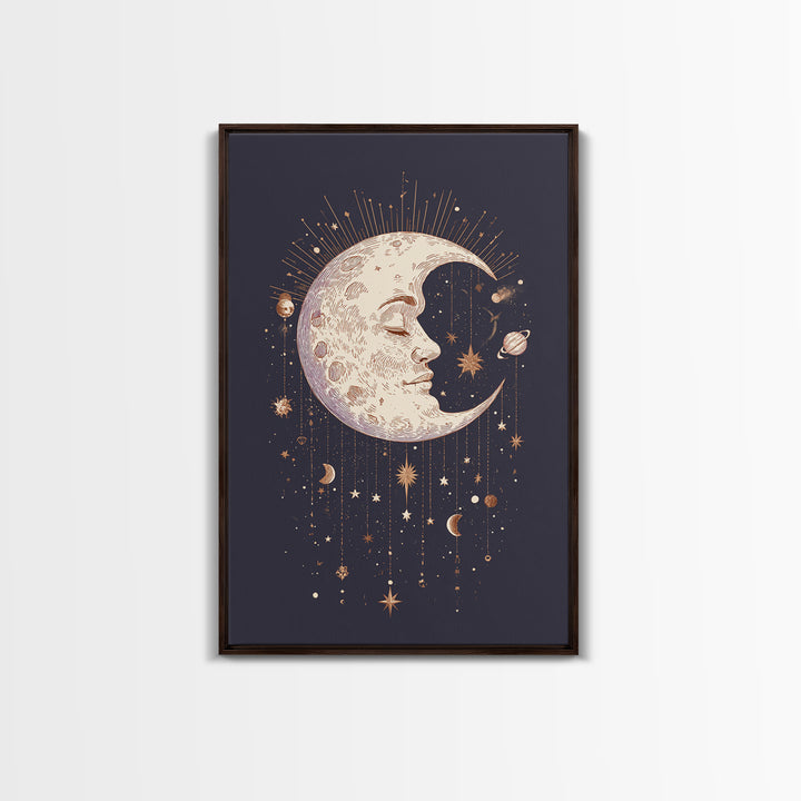 Moon with Sleeping Face and Dangling Stars Canvas Print, Whimsical Art, Living Room Decor, Fine Art, Wonder, Gallery Decor, WHI-2x3-96