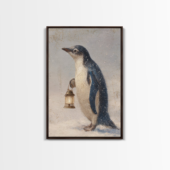 Penguin Holding a Lantern Framed Canvas Print, Whimsical Art, Abstract Wall Art, Living Room Decor, Fine Art, Wonder, WHI-2x3-97