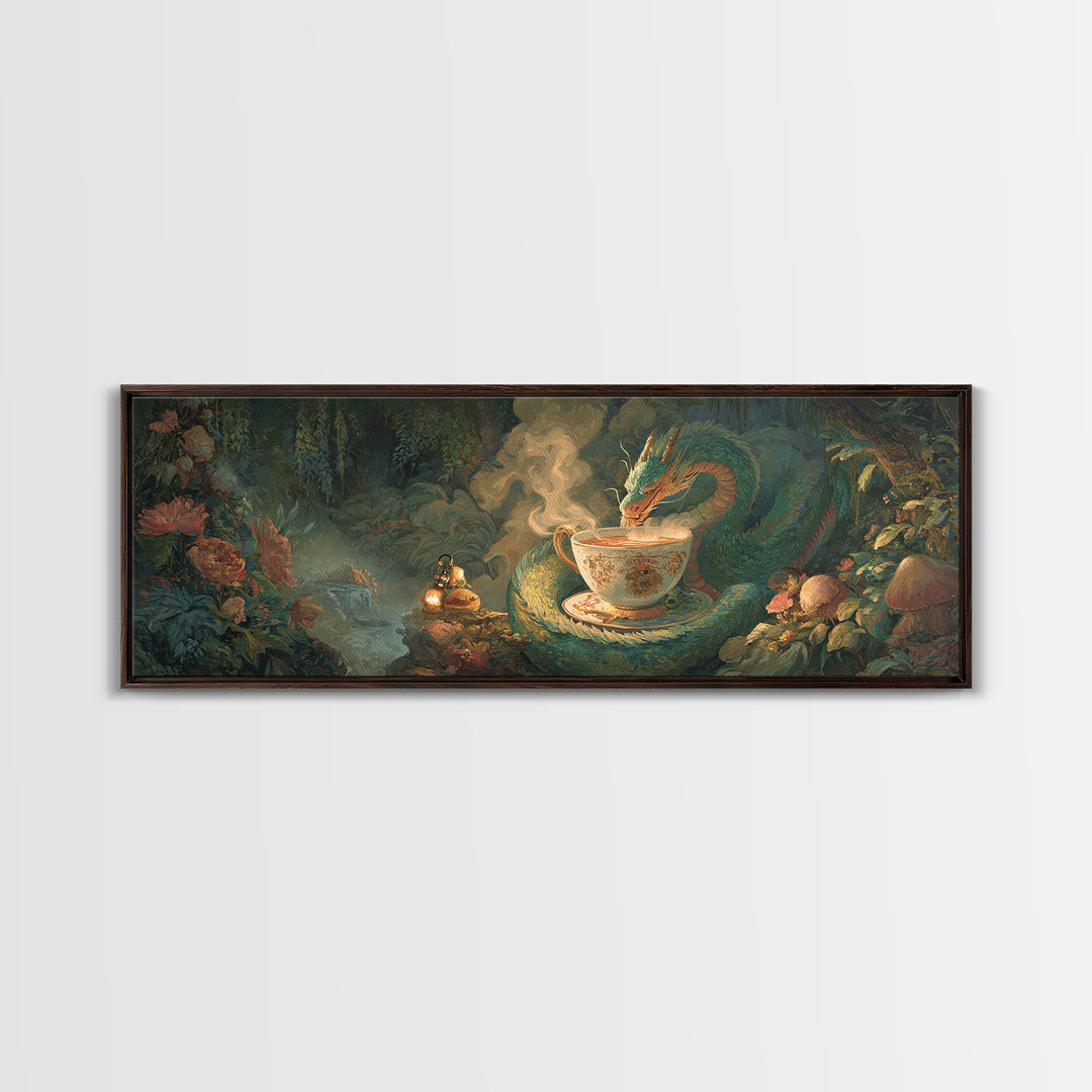 Dragon Curled Around a Teacup Canvas Print, Whimsical Art, Dark Academia Decor, Living Room Decor, Wonder, Modern Decor, WHI-3x1-16