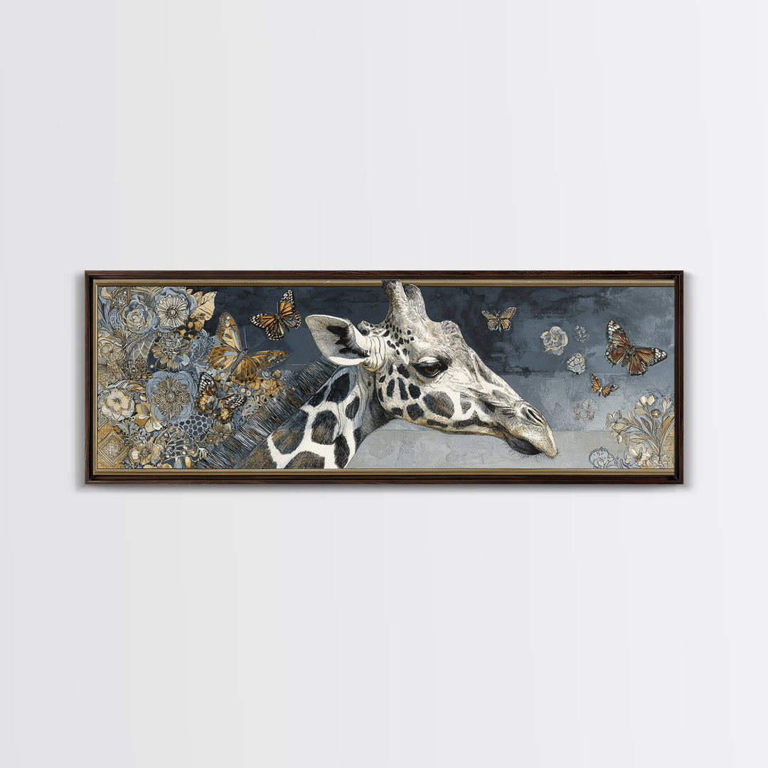 Giraffe with Scarf and Butterflies Framed Canvas Print, Whimsical Art, Original Art, Living Room Decor, Fine Art, Wonder, WHI-3x1-2