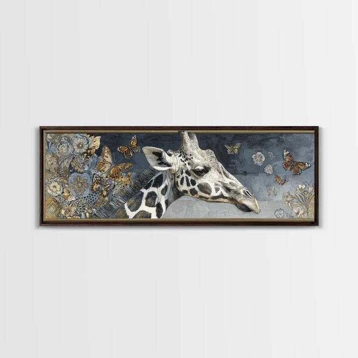 Giraffe with Scarf and Butterflies Framed Canvas Print, Whimsical Art, Original Art, Living Room Decor, Fine Art, Wonder, WHI-3x1-2