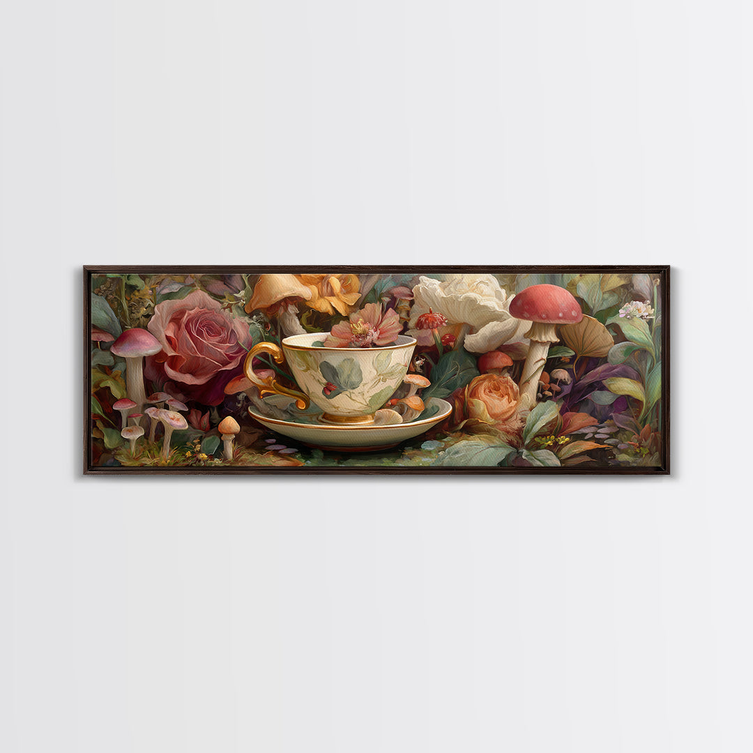 Teacup Garden with Tiny Mushrooms Canvas Print, Whimsical Art, Nursery Art, Living Room Decor, Oil Painting, Wonder, WHI-3x1-20
