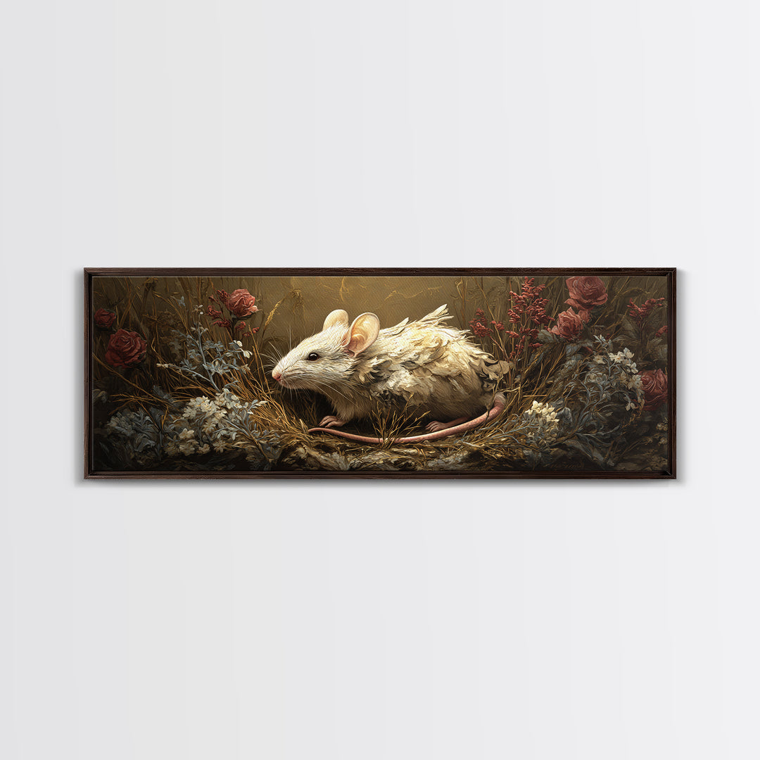 Mouse Ballerina in a Rose Garden Framed Canvas Print, Whimsical Art, Textured Painting, Living Room Decor, Fine Art, Wonder, WHI-3x1-27