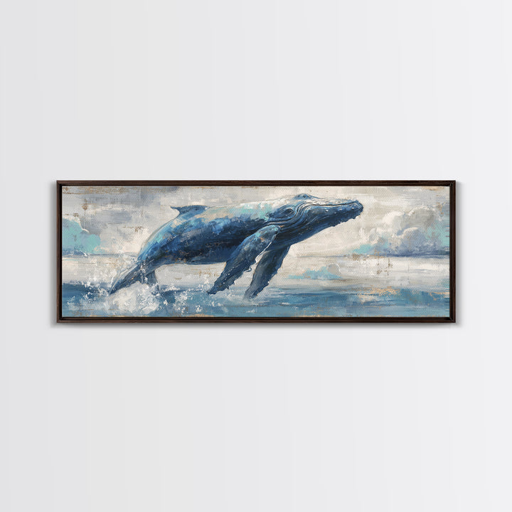 Whale Flying Through Clouds Like Ocean Canvas Print, Whimsical Art, Dopamine Decor, Living Room Decor, Fine Art, Wonder, WHI-3x1-29