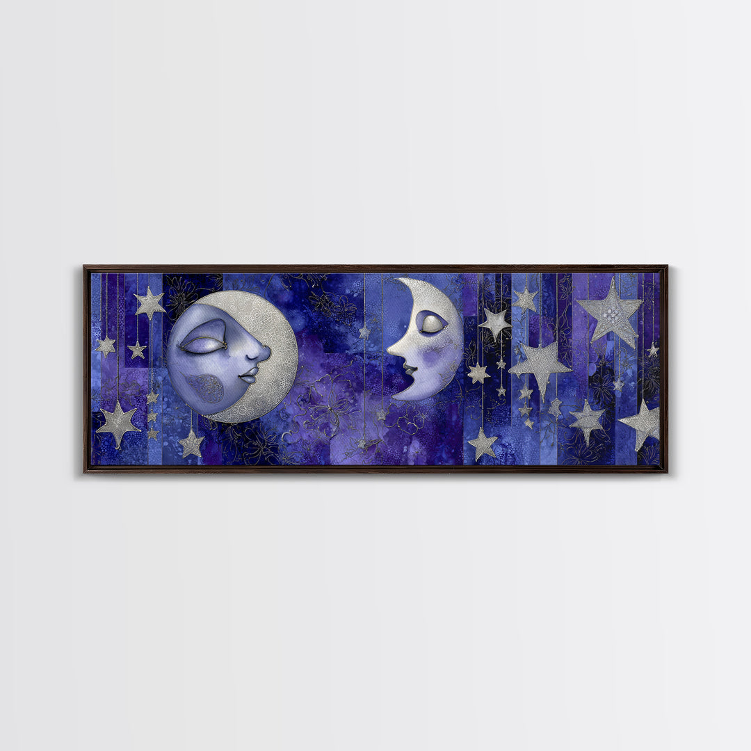 Moon with Sleeping Face and Dangling Stars Framed Canvas Print, Whimsical Art, Watercolor Art, Living Room Decor, Wonder, WHI-3x1-32