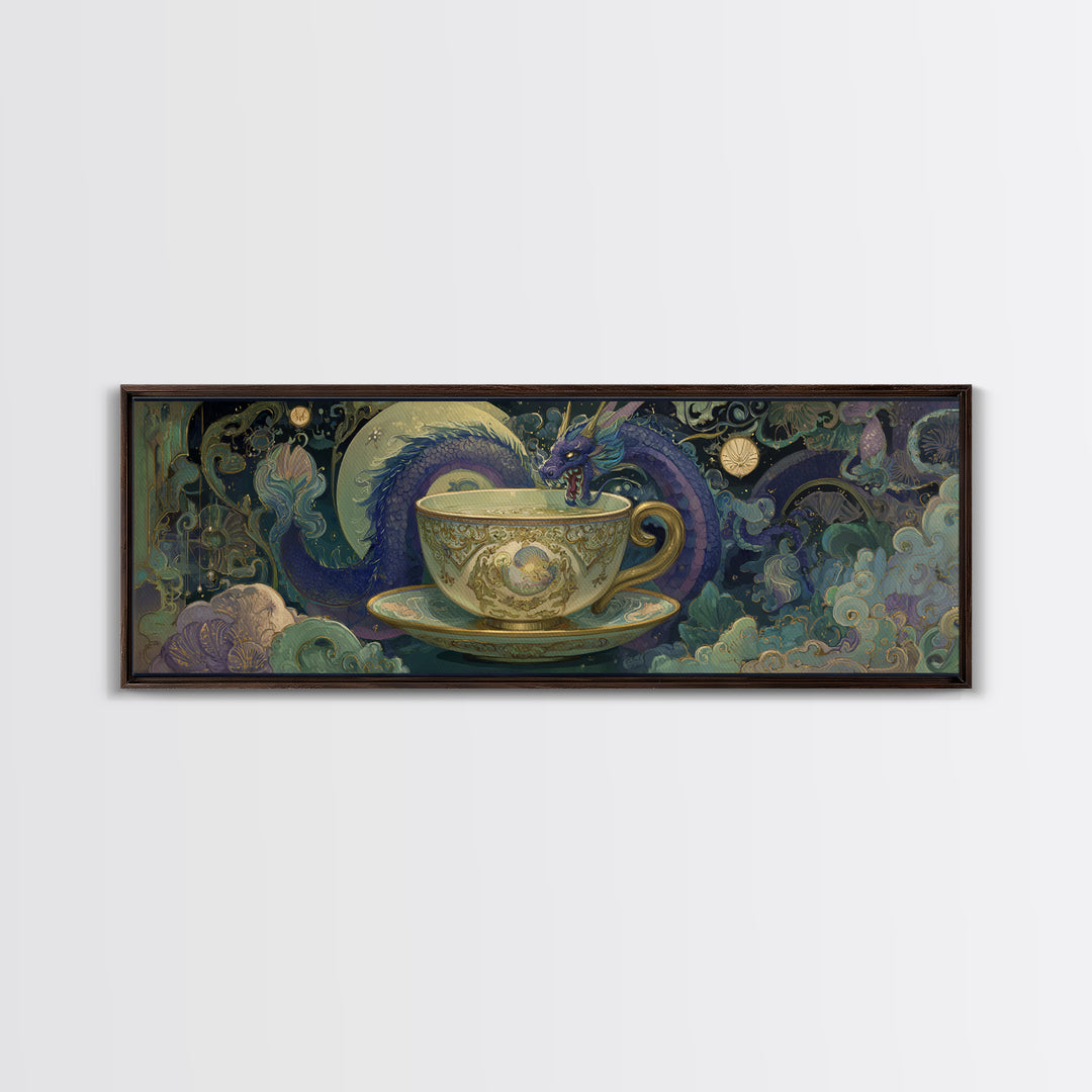 Dragon Curled Around a Teacup Canvas Print, Whimsical Art, Neutral Decor, Living Room Decor, Fine Art, Wonder, Home Decor, WHI-3x1-40