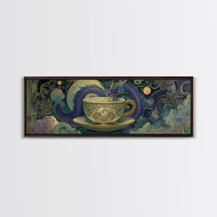 Dragon Curled Around a Teacup Canvas Print, Whimsical Art, Neutral Decor, Living Room Decor, Fine Art, Wonder, Home Decor, WHI-3x1-40