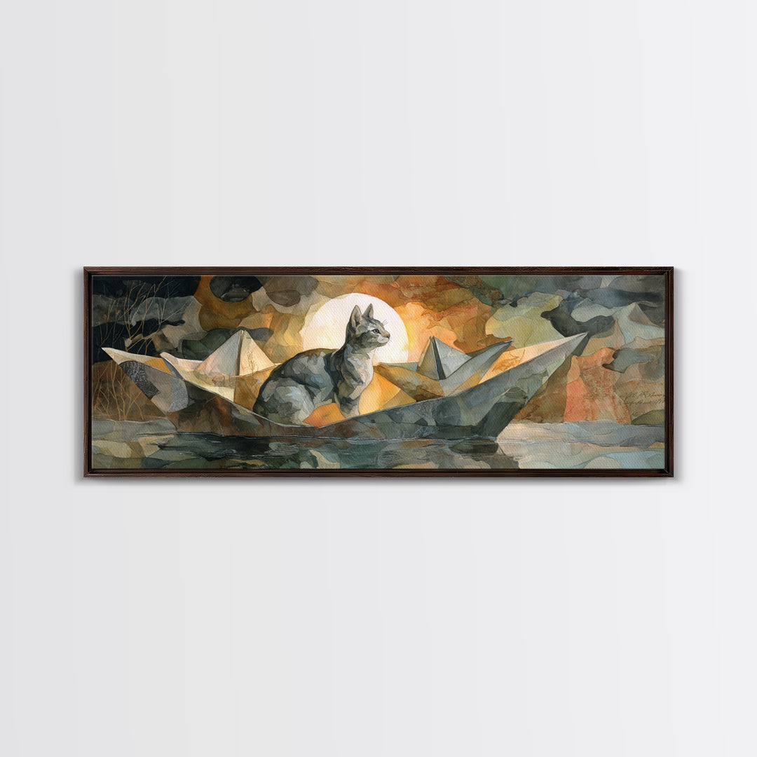 Cat Sailing a Paper Boat Canvas Print, Whimsical Art, Abstract Wall Art, Living Room Decor, Fine Art, Wonder, Neutral Decor, WHI-3x1-42