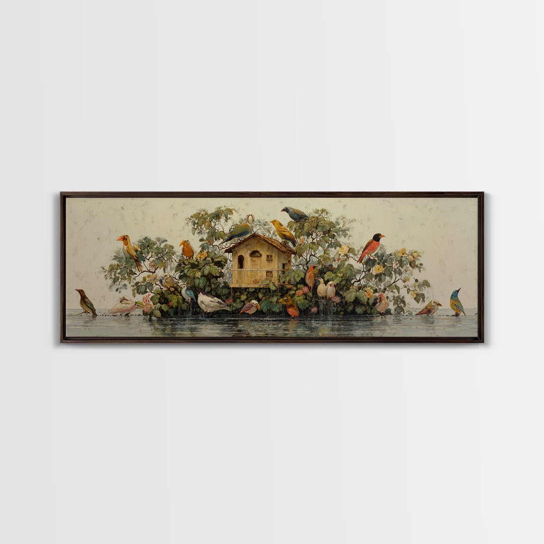 Floating House Carried by Colorful Birds Framed Canvas Print, Whimsical Art, Living Room Decor, Oil Painting, Wonder, WHI-3x1-47