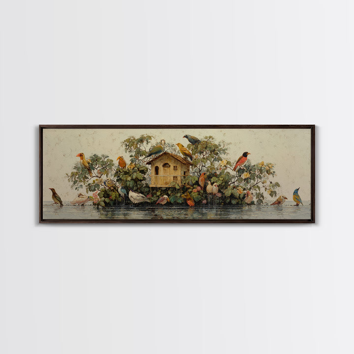 Floating House Carried by Colorful Birds Framed Canvas Print, Whimsical Art, Living Room Decor, Oil Painting, Wonder, WHI-3x1-47