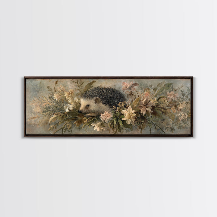 Hedgehog Carrying Wildflowers Framed Canvas Print, Whimsical Art, Prints, Living Room Decor, Oil Painting, Wonder, WHI-3x1-55