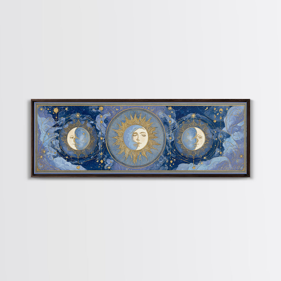Moon with Sleeping Face and Dangling Stars Framed Canvas Print, Whimsical Art, Minimalist Decor, Living Room Decor, Wonder, WHI-3x1-56