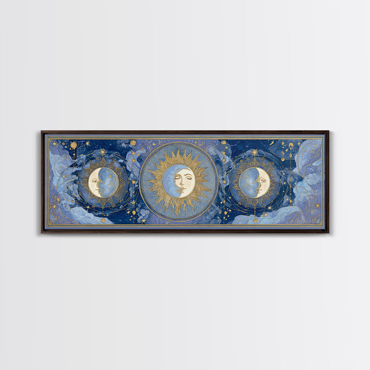 Moon with Sleeping Face and Dangling Stars Framed Canvas Print, Whimsical Art, Minimalist Decor, Living Room Decor, Wonder, WHI-3x1-56