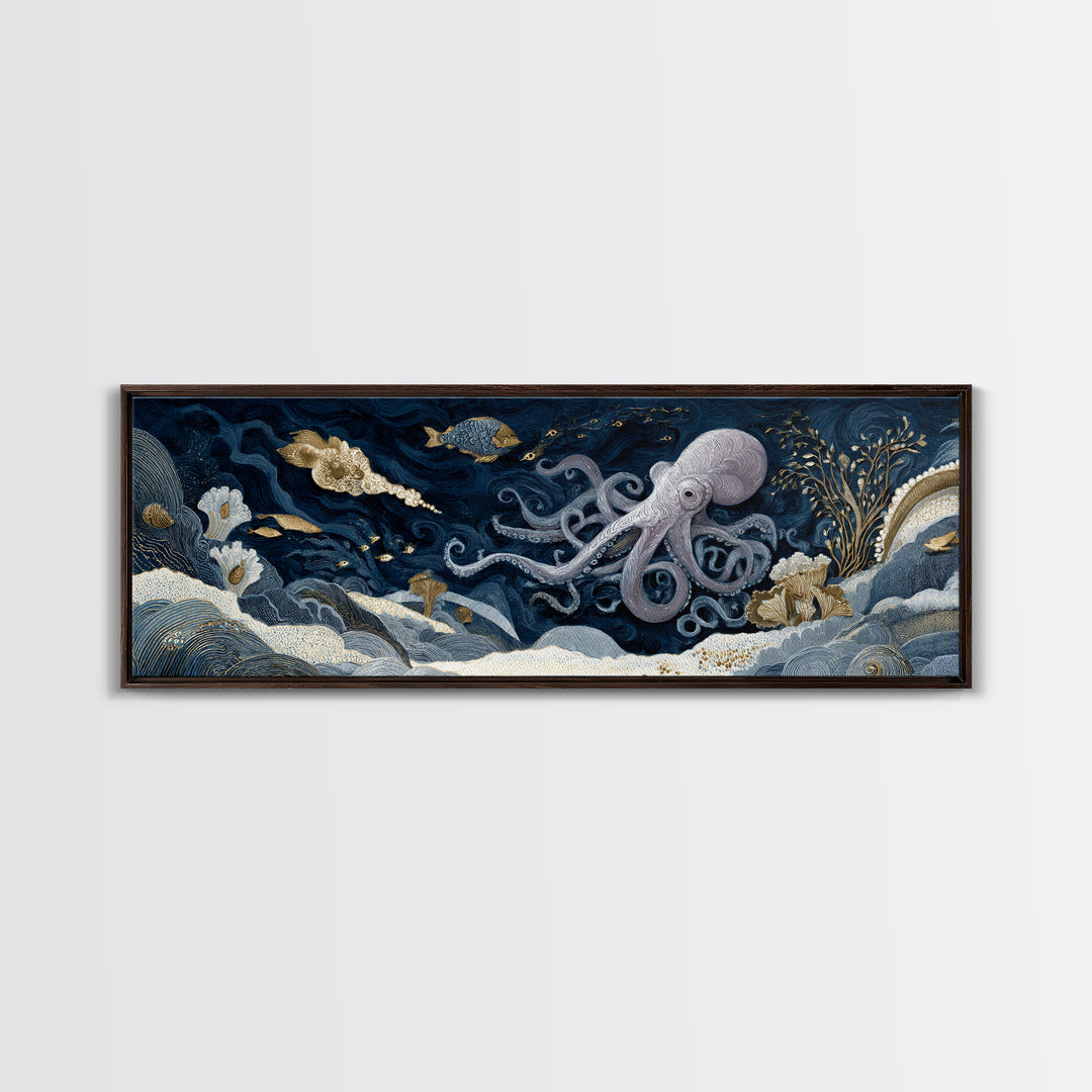 Octopus Conductor with Tiny Instruments Framed Canvas Print, Whimsical Art, Nursery, Living Room Decor, Fine Art, Wonder, WHI-3x1-58