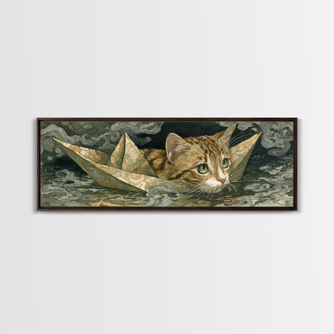 Cat Sailing a Paper Boat Canvas Print, Whimsical Art, Abstract Wall Art, Living Room Decor, Fine Art, Wonder, Neutral Decor, WHI-3x1-66