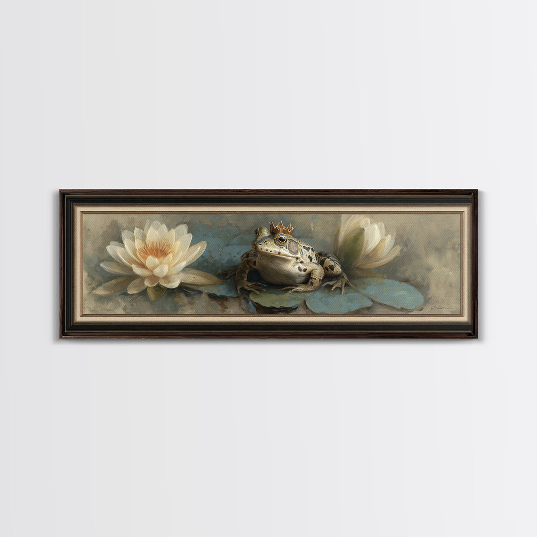 Frog Prince on a Lily Pad Framed Canvas Print, Whimsical Art, Wall Decor, Living Room Decor, Fine Art, Wonder, Printable Art, WHI-3x1-72