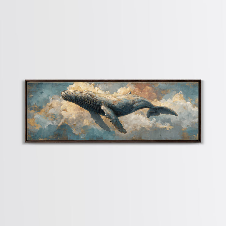 Whale Flying Through Clouds Like Ocean Framed Canvas Print, Whimsical Art, Nursery Art, Living Room Decor, Oil Painting, Wonder, WHI-3x1-77