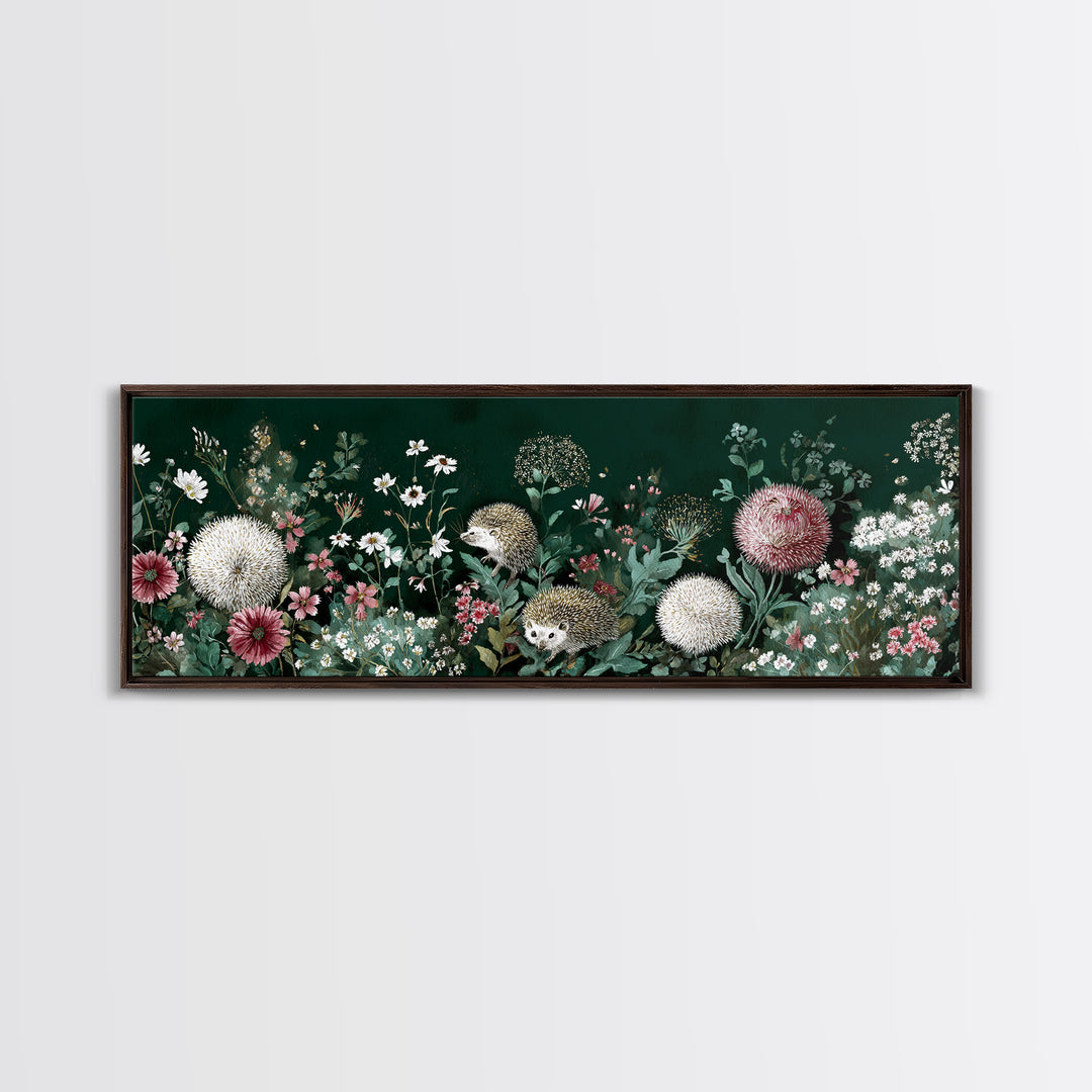 Hedgehog Carrying Wildflowers Framed Canvas Print, Whimsical Art, Whimsical, Living Room Decor, Watercolor Art, Wonder, WHI-3x1-79