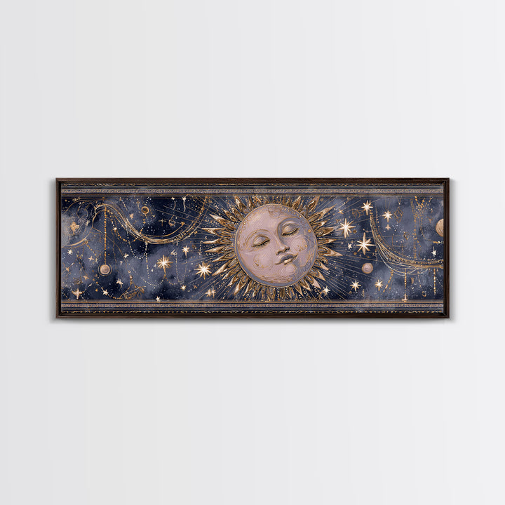 Moon with Sleeping Face and Dangling Stars Canvas Print, Whimsical Art, Nursery Wall Decor, Living Room Decor, Oil Painting, WHI-3x1-8