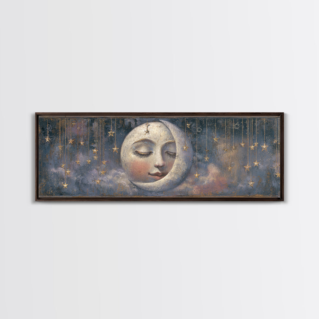 Moon with Sleeping Face and Dangling Stars Canvas Print, Whimsical Art, Art Print, Living Room Decor, Fine Art, Wonder, WHI-3x1-80