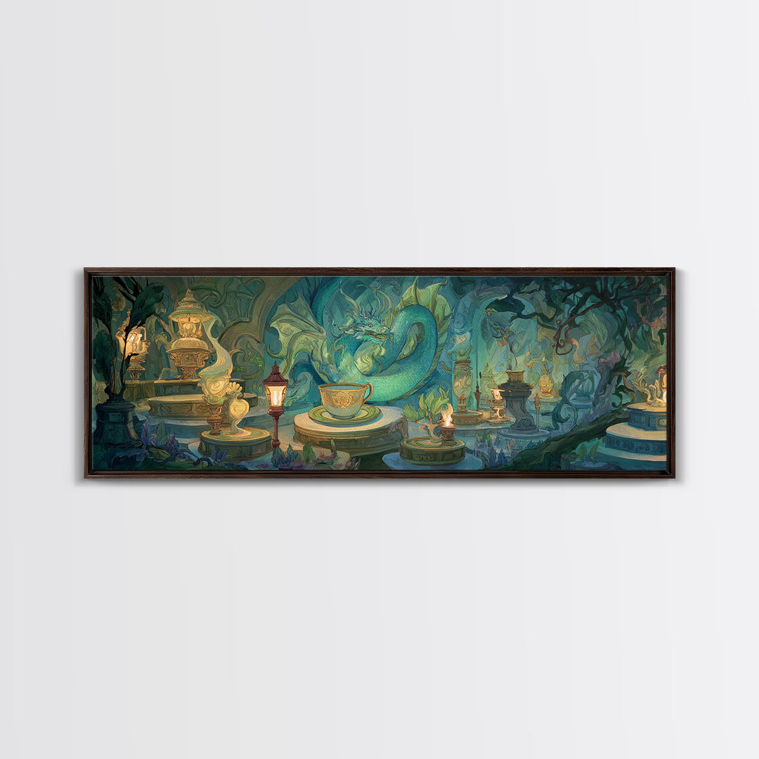 Dragon Curled Around a Teacup Canvas Print, Whimsical Art, Wall Art, Living Room Decor, Oil Painting, Wonder, Framed Wall Art, WHI-3x1-88