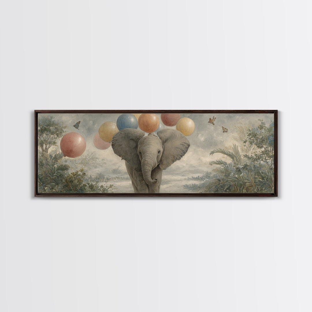 Elephant Holding Balloons Canvas Print, Whimsical Art, Pet Portrait, Living Room Decor, Fine Art, Wonder, Abstract Wall Art, WHI-3x1-91