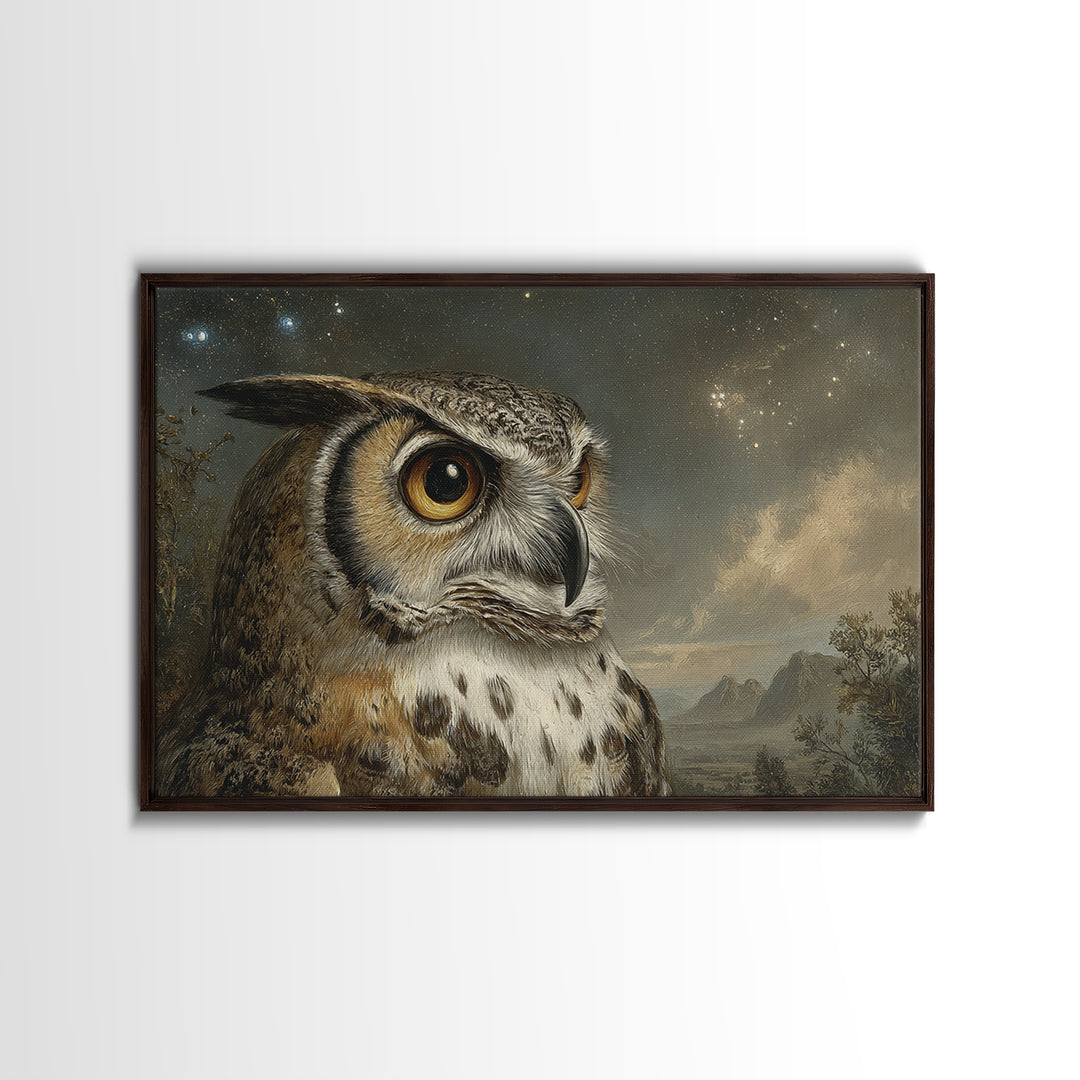 Owl Wearing Spectacles Among Stars Framed Canvas Print, Whimsical Art, Nursery, Living Room Decor, Wonder, Watercolor Art, WHI-3x2-10