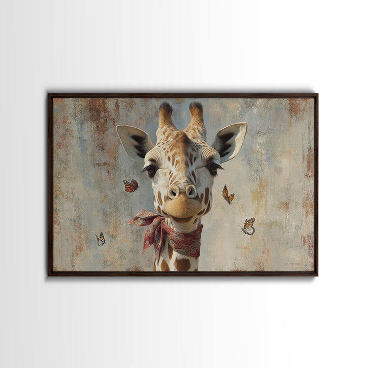 Giraffe with Scarf and Butterflies Framed Canvas Print, Whimsical Art, Framed Wall Art, Living Room Decor, Fine Art, Wonder, WHI-3x2-14