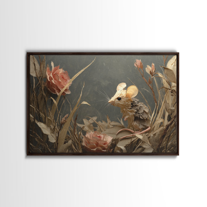 Mouse Ballerina in a Rose Garden Framed Canvas Print, Whimsical Art, Abstract Wall Art, Living Room Decor, Watercolor Art, WHI-3x2-15