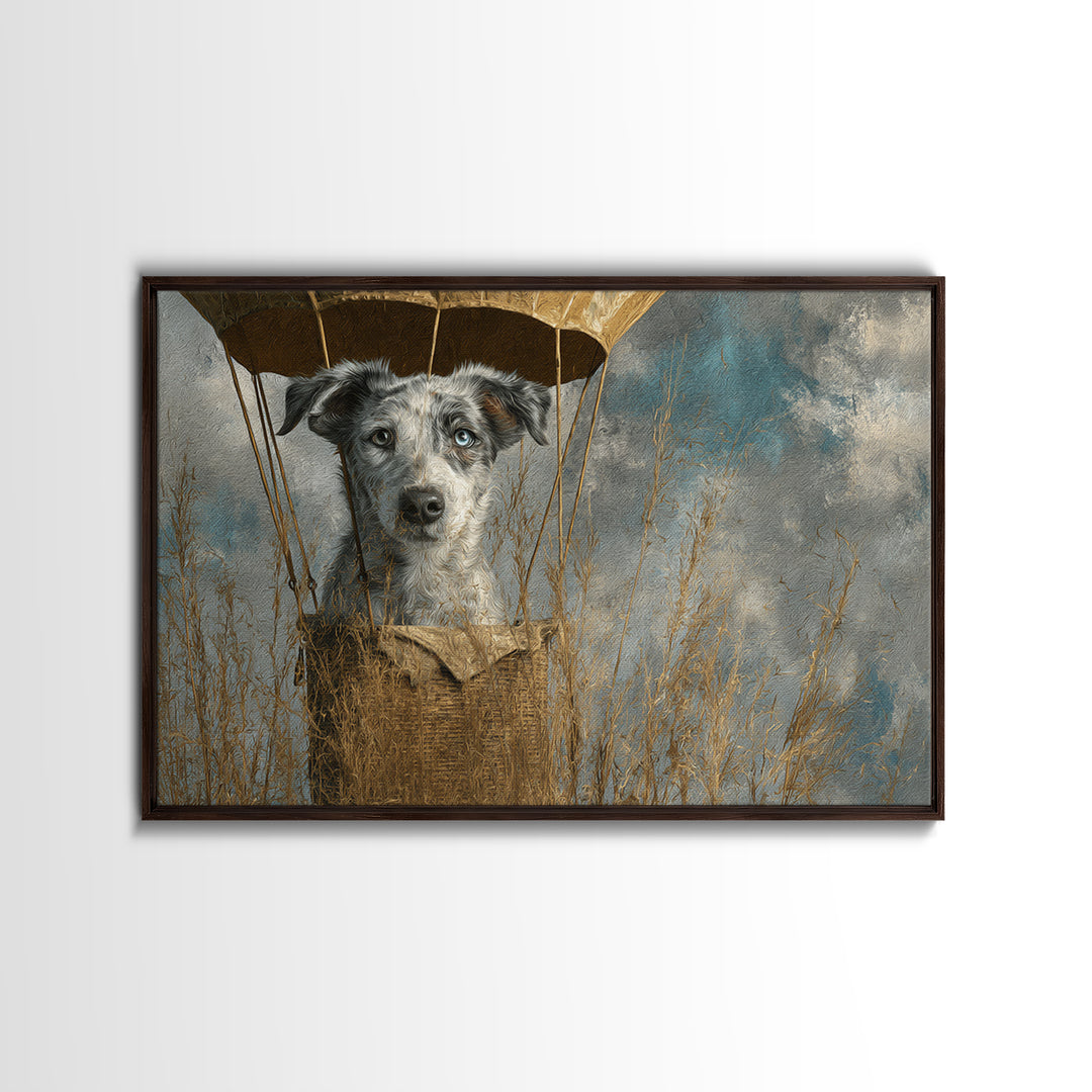 Dog in a Hot Air Balloon Framed Canvas Print, Whimsical Art, Digital Print, Living Room Decor, Fine Art, Wonder, Bird Art, WHI-3x2-18