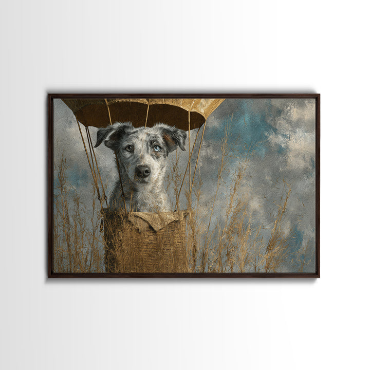Dog in a Hot Air Balloon Framed Canvas Print, Whimsical Art, Digital Print, Living Room Decor, Fine Art, Wonder, Bird Art, WHI-3x2-18