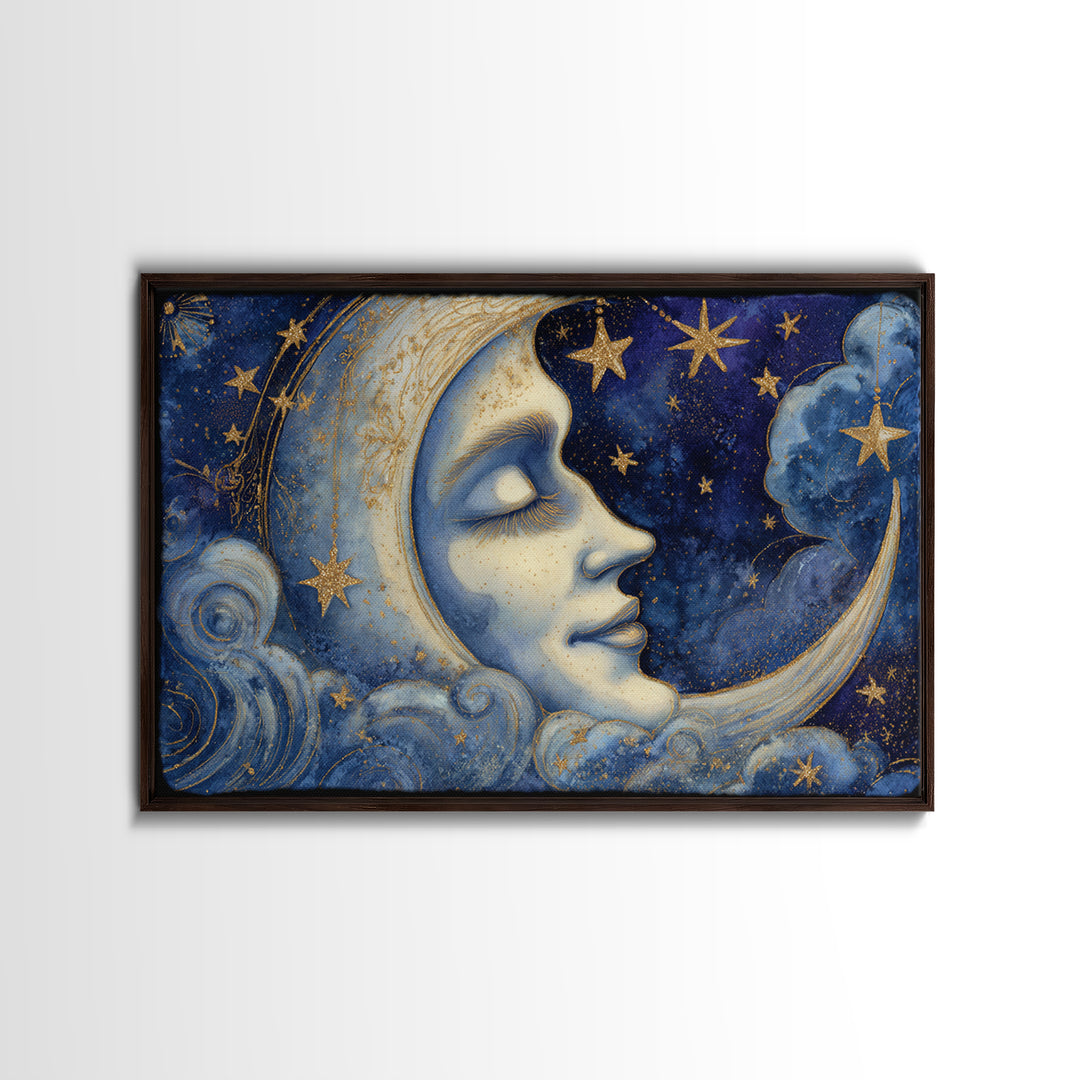 Moon with Sleeping Face and Dangling Stars Canvas Print, Whimsical Art, Nursery Wall Decor, Living Room Decor, Wonder, WHI-3x2-20