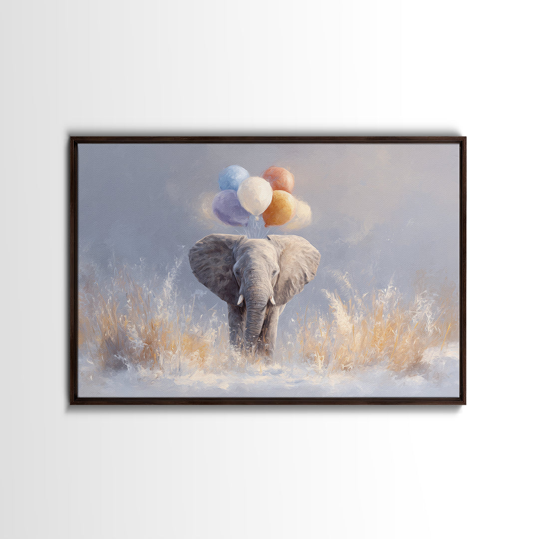 Elephant Holding Balloons Framed Canvas Print, Whimsical Art, Statement Artwork, Living Room Decor, Fine Art, Wonder, WHI-3x2-31
