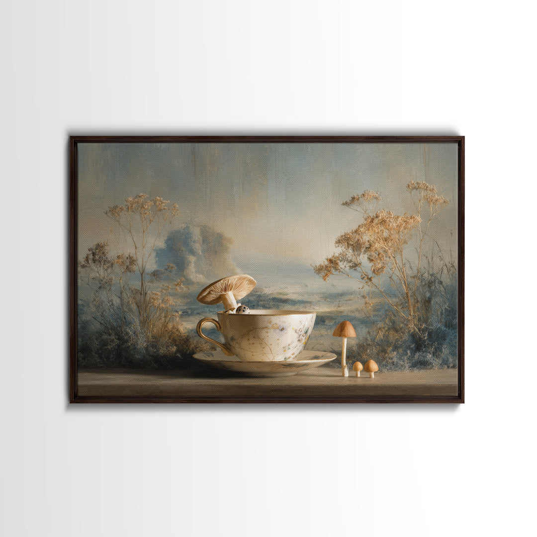 Teacup Garden with Tiny Mushrooms Canvas Print, Whimsical Art, Nursery Art, Living Room Decor, Oil Painting, Wonder, WHI-3x2-32