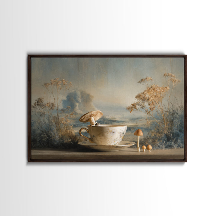 Teacup Garden with Tiny Mushrooms Canvas Print, Whimsical Art, Nursery Art, Living Room Decor, Oil Painting, Wonder, WHI-3x2-32