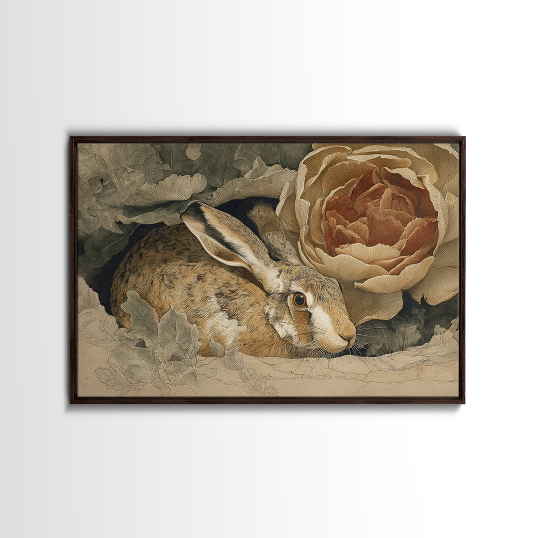 Rabbit Reading Beneath a Giant Flower Canvas Print, Whimsical Art, Cat Art, Living Room Decor, Watercolor Art, Wonder, WHI-3x2-33