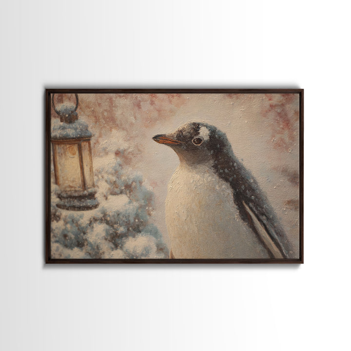 Penguin Holding a Lantern Framed Canvas Print, Whimsical Art, Gallery Decor, Living Room Decor, Fine Art, Wonder, Wall Art, WHI-3x2-45