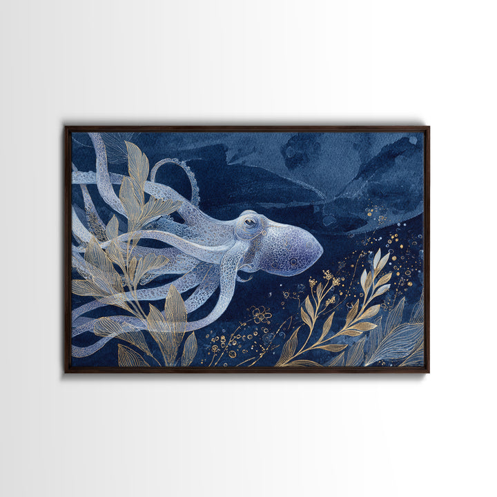 Octopus Conductor with Tiny Instruments Framed Canvas Print, Whimsical Art, Dark Academia Decor, Living Room Decor, Wonder, WHI-3x2-46