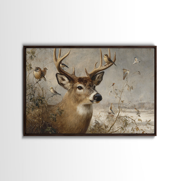 Deer with Antlers Full of Birds Framed Canvas Print, Whimsical Art, Printable Wall Art, Living Room Decor, Oil Painting, Wonder, WHI-3x2-47