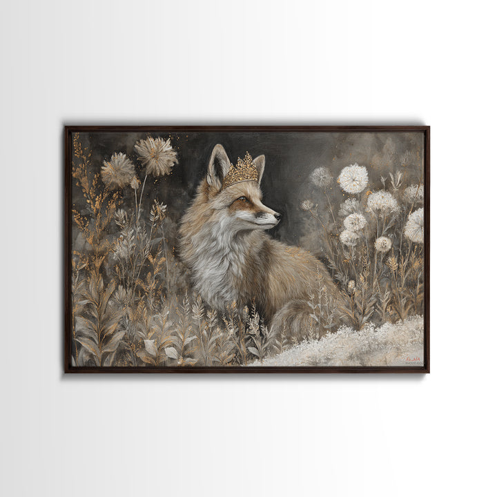Fox Wearing a Tiny Crown Framed Canvas Print, Whimsical Art, Nursery Art, Living Room Decor, Oil Painting, Wonder, WHI-3x2-5