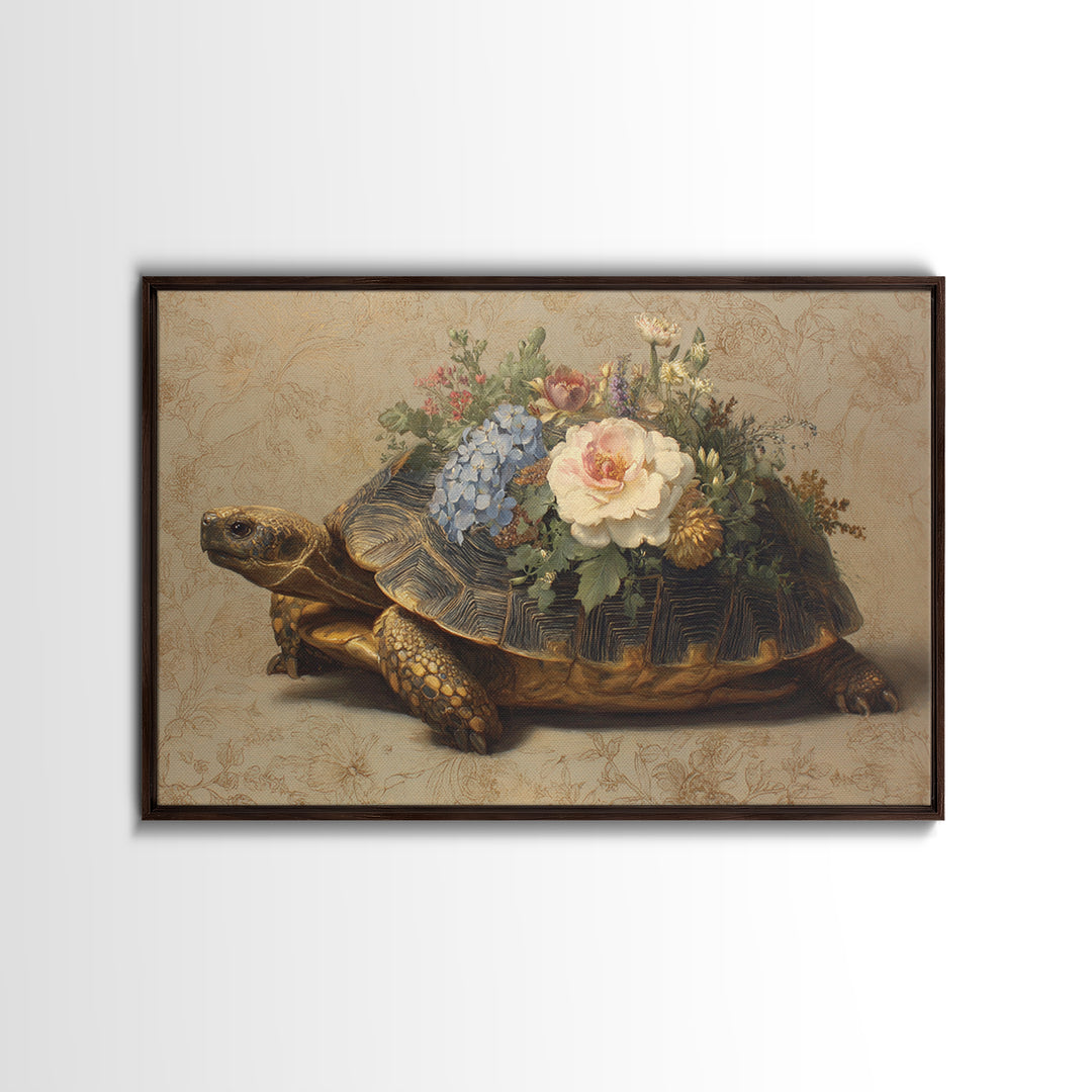 Turtle with Garden Growing on Shell Framed Canvas Print, Whimsical Art, Dopamine Decor, Living Room Decor, Fine Art, Wonder, WHI-3x2-50