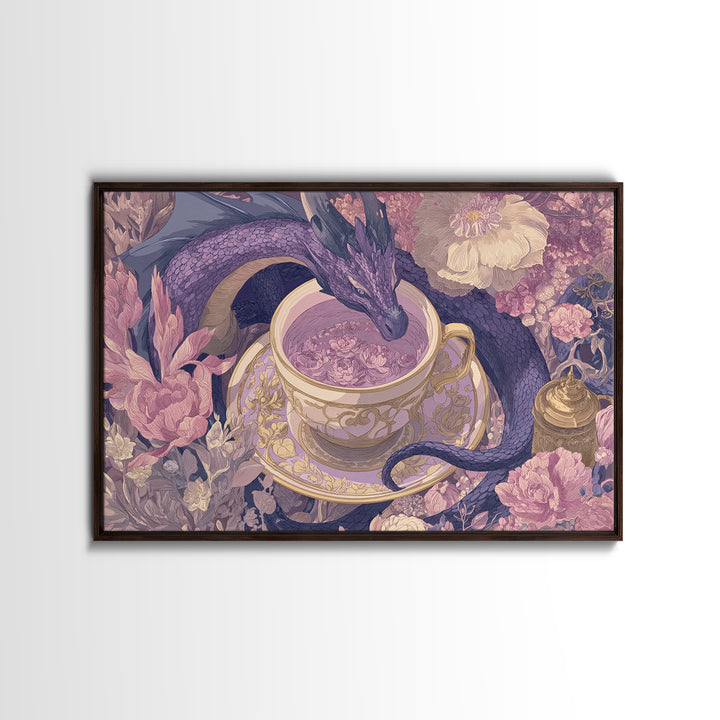 Dragon Curled Around a Teacup Canvas Print, Whimsical Art, Bird Art, Living Room Decor, Abstract Art, Wonder, Textured Painting, WHI-3x2-52
