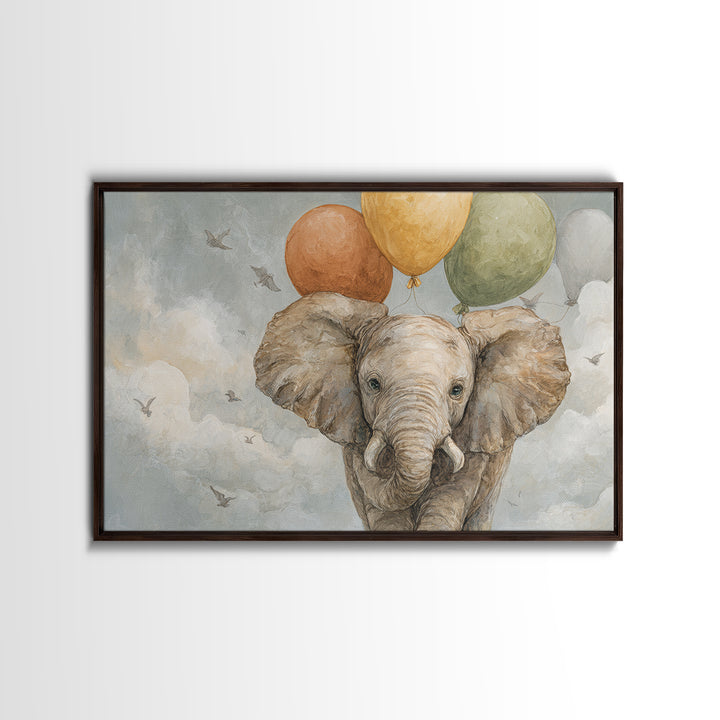 Elephant Holding Balloons Framed Canvas Print, Whimsical Art, Whimsical, Living Room Decor, Oil Painting, Wonder, Nursery Art, WHI-3x2-55
