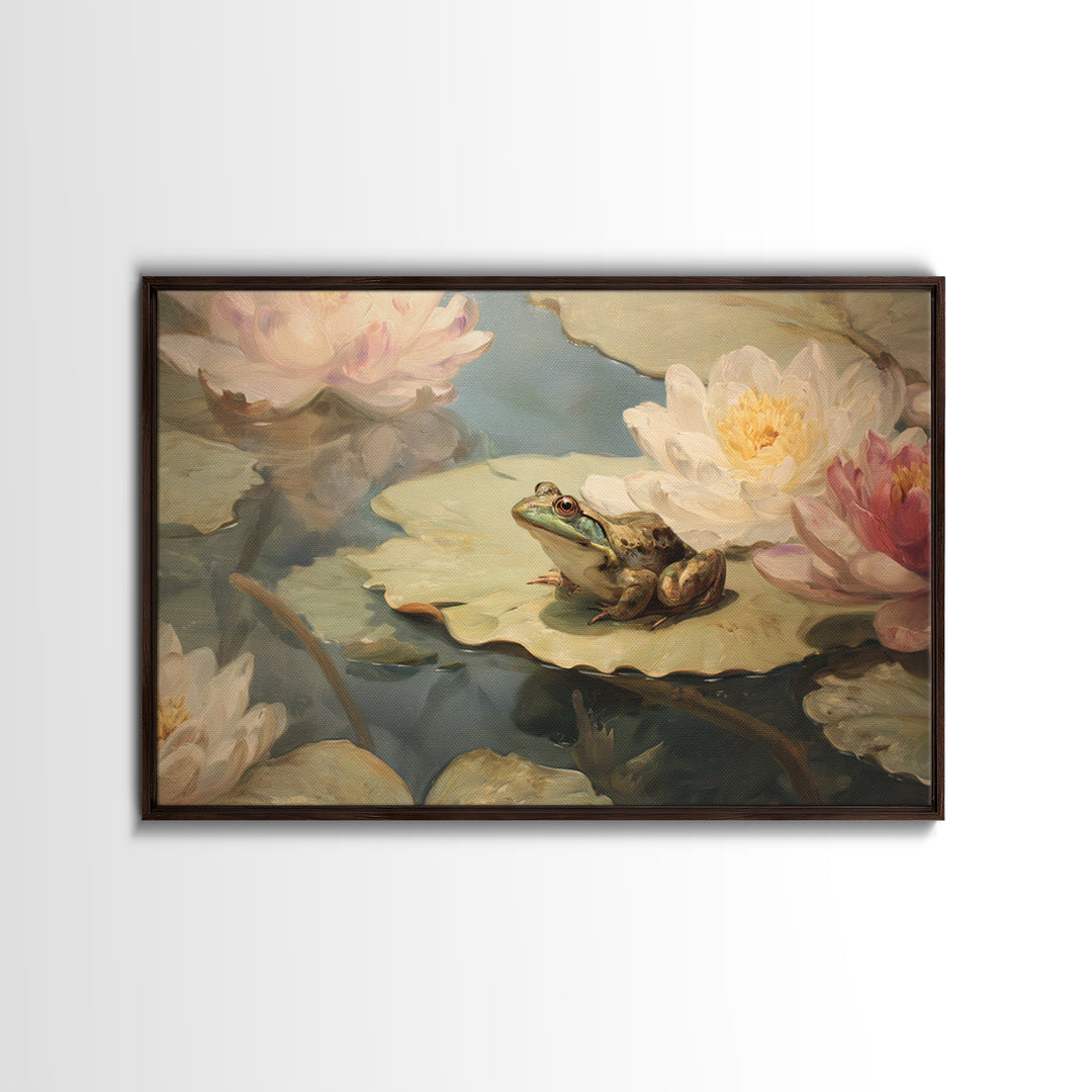 Frog Prince on a Lily Pad Framed Canvas Print, Whimsical Art, Textured Painting, Living Room Decor, Fine Art, Wonder, WHI-3x2-60