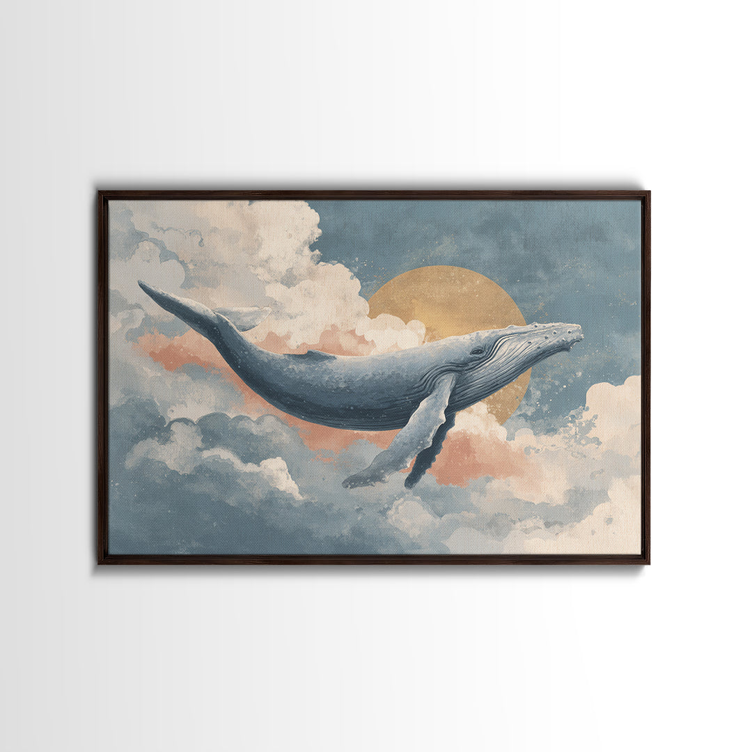 Whale Flying Through Clouds Like Ocean Framed Canvas Print, Whimsical Art, Watercolor Art, Living Room Decor, Wonder, WHI-3x2-65