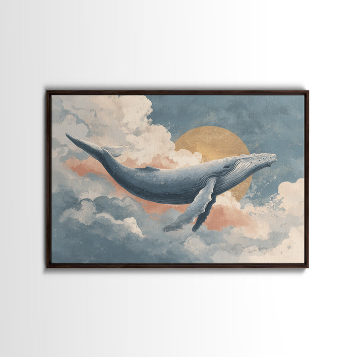 Whale Flying Through Clouds Like Ocean Framed Canvas Print, Whimsical Art, Watercolor Art, Living Room Decor, Wonder, WHI-3x2-65