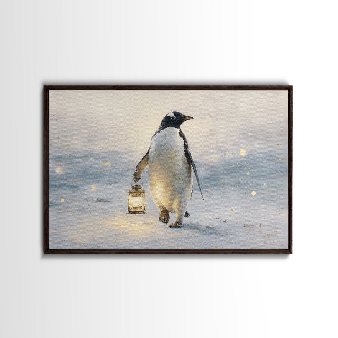 Penguin Holding a Lantern Framed Canvas Print, Whimsical Art, Gallery Decor, Living Room Decor, Fine Art, Wonder, Wall Art, WHI-3x2-69