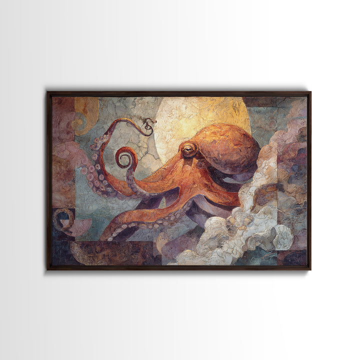 Octopus Conductor with Tiny Instruments Framed Canvas Print, Whimsical Art, Dark Academia Decor, Living Room Decor, Wonder, WHI-3x2-70