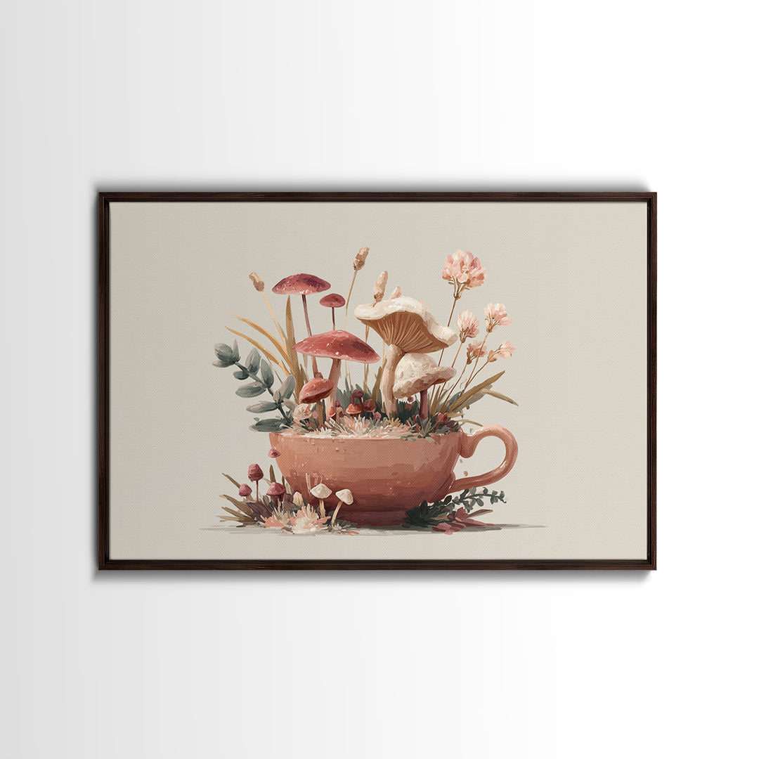 Teacup Garden with Tiny Mushrooms Framed Canvas Print, Whimsical Art, Dopamine Decor, Living Room Decor, Fine Art, Wonder, WHI-3x2-8